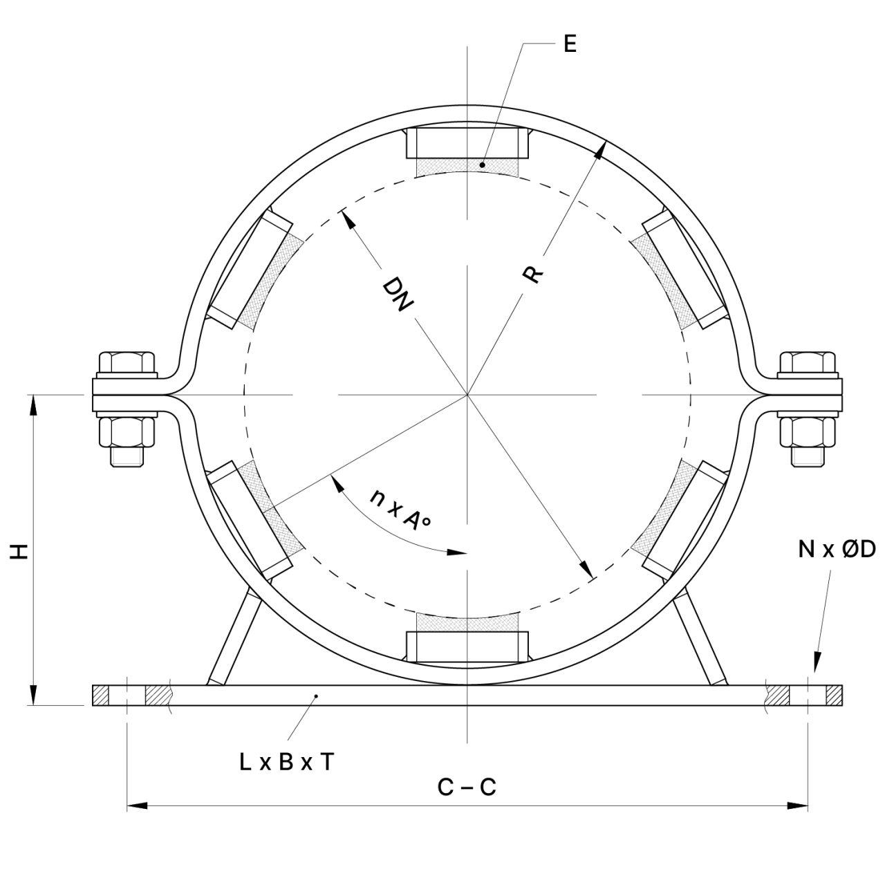 A technical drawing of Vibratec's pipe clamp for suspension of pipes.