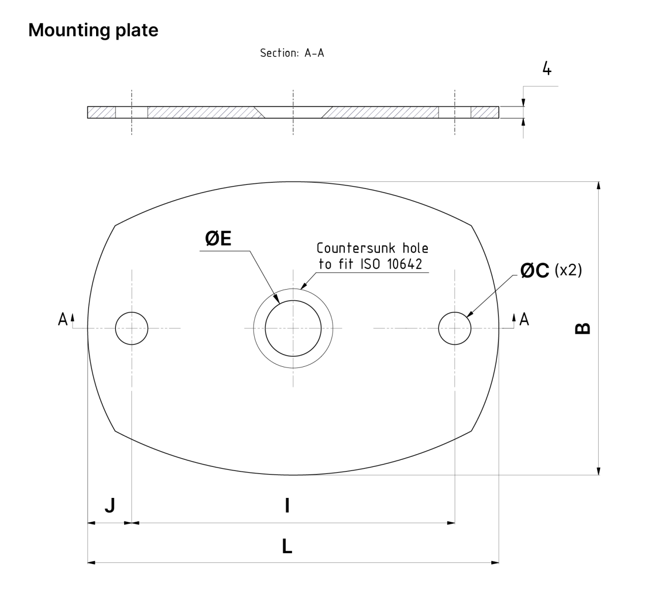 A technical drawing of our mounting plates for spring isolators VT4414 and VT4424