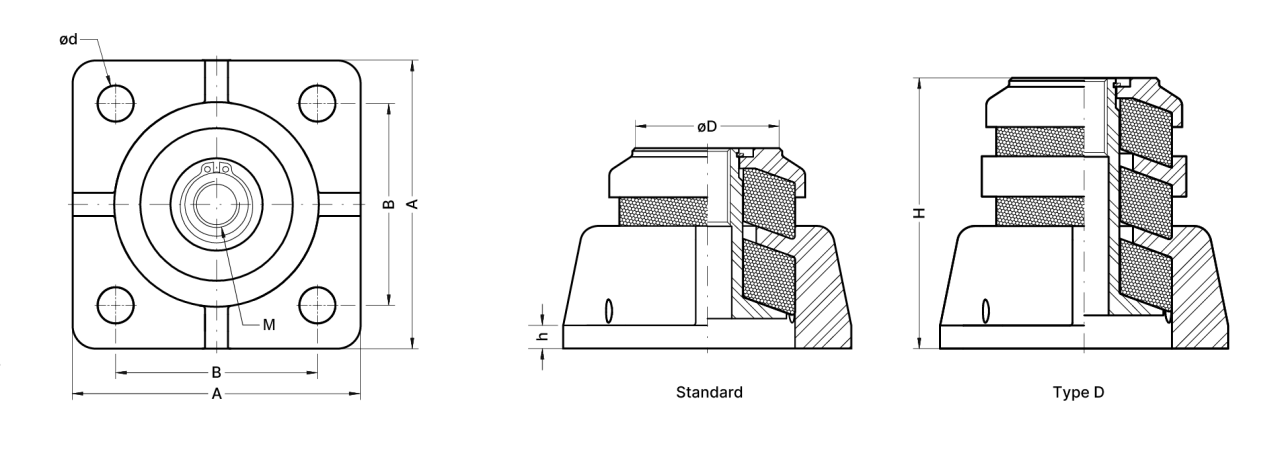 A technical drawing with measurements for the two vibration isolators VT-DZ-S standard and VT-DZ-S Type D