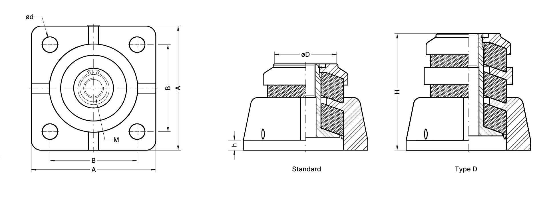 A technical drawing with measurements for the two vibration isolators VT-DZ-S standard and VT-DZ-S Type D