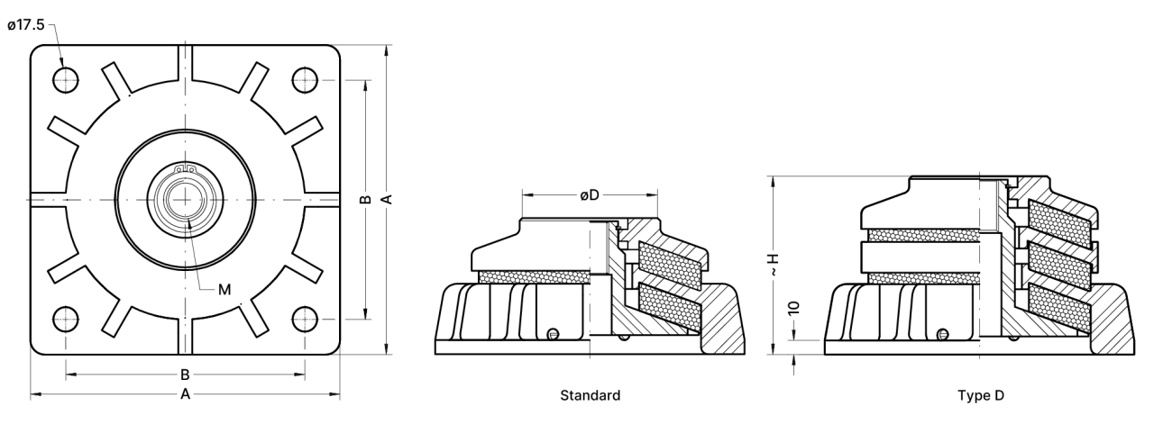 A technical drawing with measurements for the two vibration isolators VT-DZ standard and VT-DZ Type D