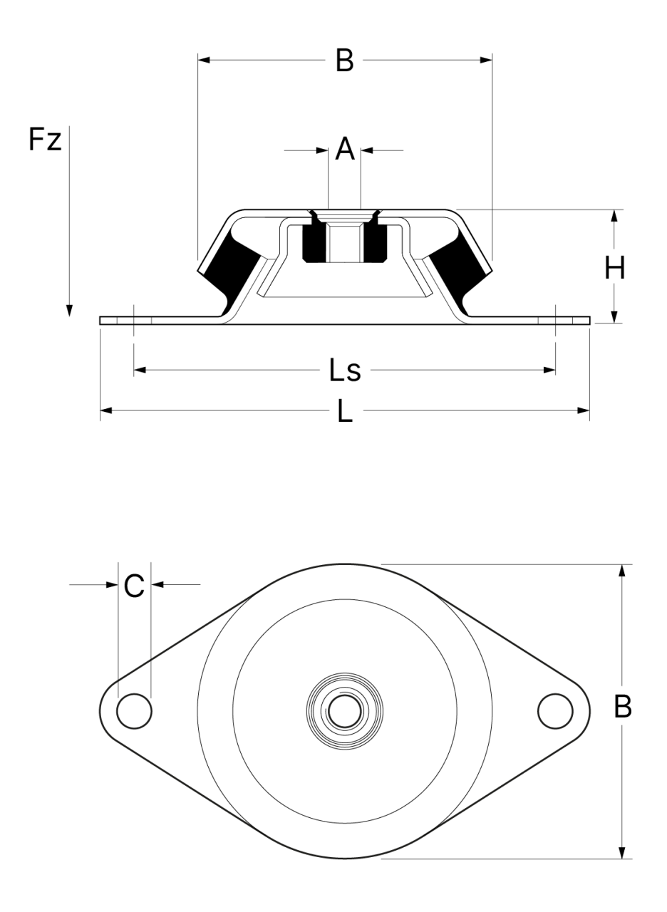 A technical drawing showing the measurements of the vibration isolator VT-DMS 077, 094, 108, 120, 144 and 158.