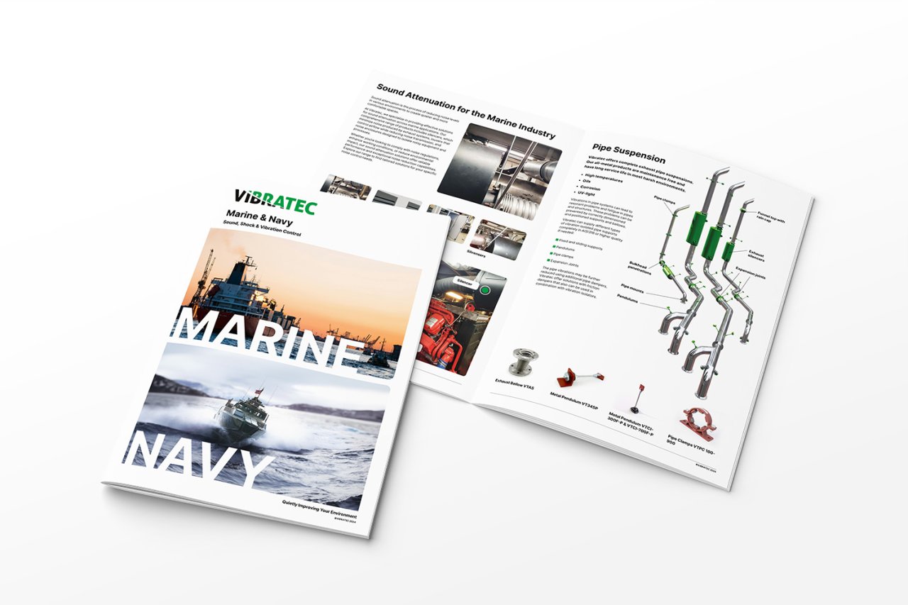 Et billede af forsiden og opslaget fra Vibratecs brochure til den maritime industri.