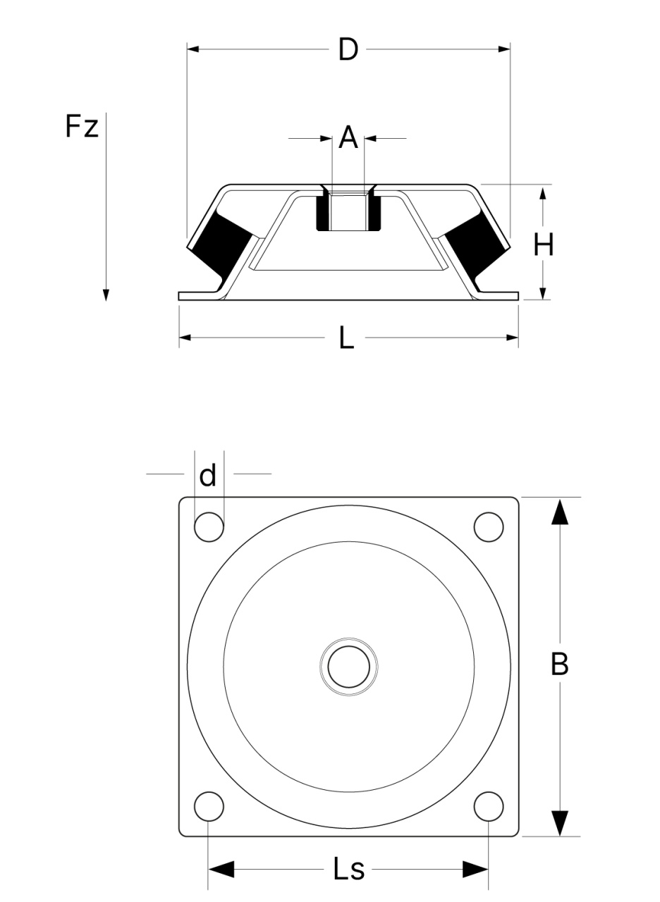 A technical drawing showing the measurements of the vibration isolator VT-DMS-158.