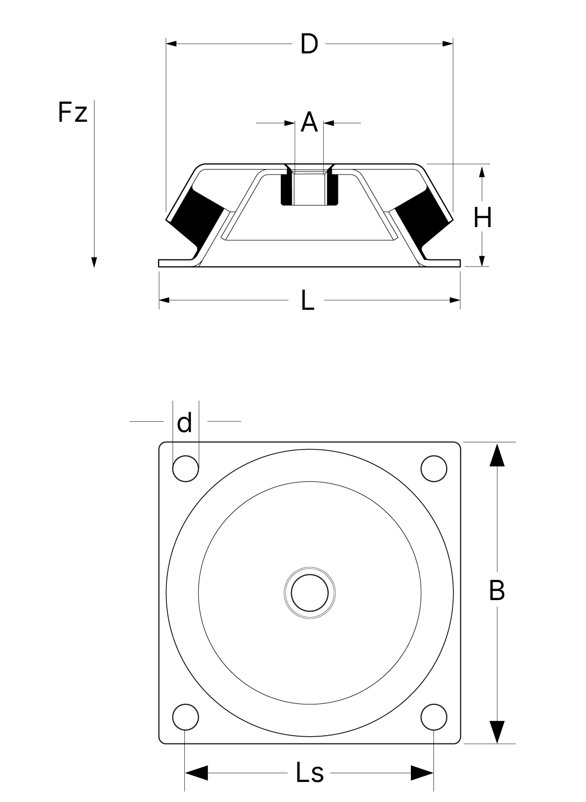 A technical drawing showing the measurements of the vibration isolator VT-DMS-158.